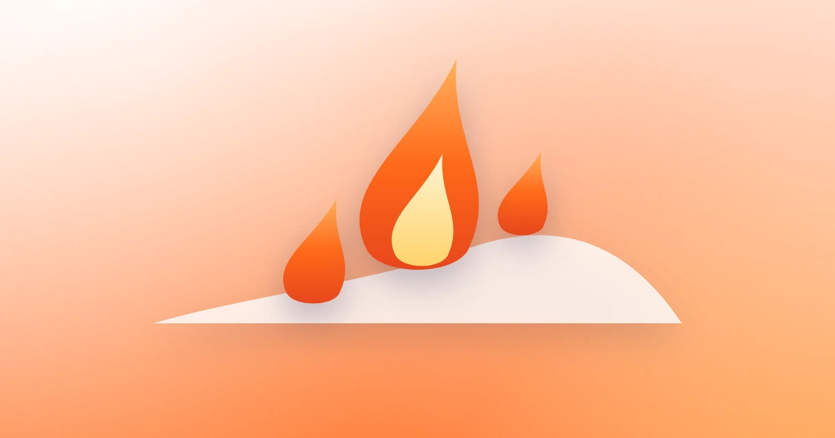 Three orange flames, the biggest with a pale yellow core, burning up a frosted white hillside on a peach field.